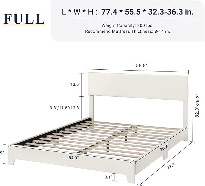 Allewie Full Size Upholstered Bed Frame Adjustable Headboard, White | Platform Bed with Heavy Duty Mattress Foundation, Noise-Free, Easy Assembly, Wood Slat Support, No Box Spring Needed