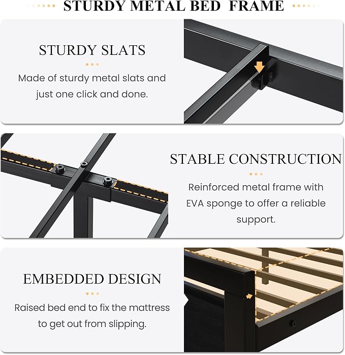 SHA CERLIN Heavy Duty King Size Bed Frame with Modern Headboard, Black | Platform Metal Base with Footboard and 13 Slats Support, No Box Spring Needed