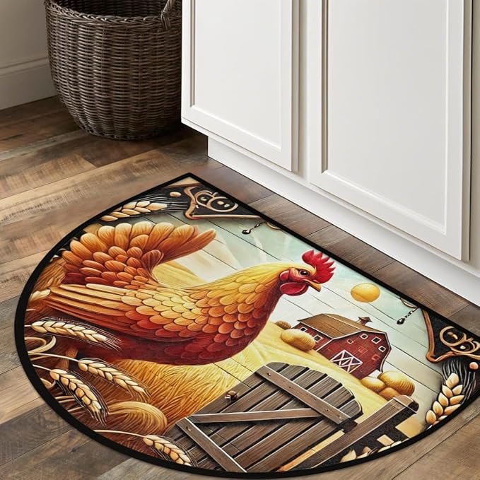 Rooster Half Round Doormat Semi Circle Rug Half Moon Rug Entryway Mat | Rooster Farm Washable Non Slip Outdoor Floor Rug Kitchen Mat for Indoor Outdoor Bathroom Fireplace Bath Decor