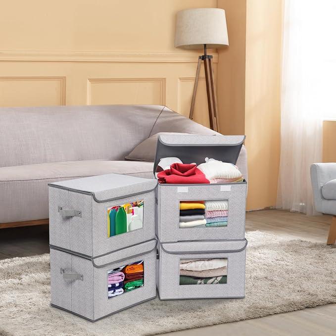 Univivi Fabric Foldable Storage Boxes [4-Pack] Large Collapsible Stackable Storage Bins with Lids, Closet Organizers and Storage Cube Basket for Home, Office, Bedroom (Gray, 17“ x 12” x 12") | 17 x 12 x 12 In Clothes Storage Bins with Handles & Window,...