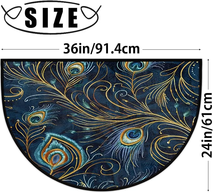 Peacock Half Round Doormat Non-Slip Semi Circle Rug Half Moon Mat | Color Feather Bird Washable Soft Absorbent Indoor Outdoor Entrance Kitchen Bathroom Sink Patio Welcome Fireplace Floor Rug