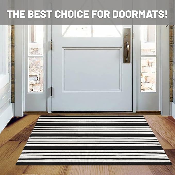 IOHOUZE Black and White Striped Rug 2.3'x3.6' Front Door Rugs Outdoor, Small Washable Area Rug for Front Porch, Spring Summer Doormats Outdoor Indoor, Cotton Rugs for Entryway Porch Entrance