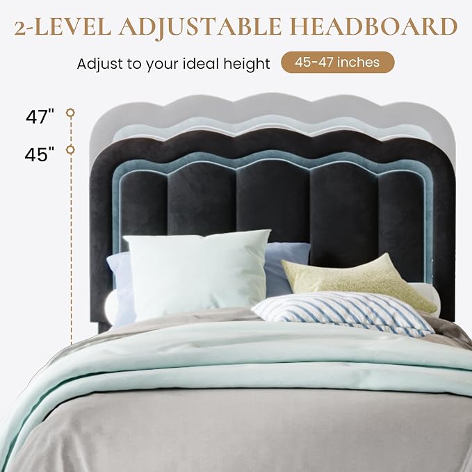 SHA CERLIN Twin Size Bed Frame with LED Lights and Storage Drawer, Black | Upholstered Velvet Platform Bed with Adjuatable Wavy Headboard, Noise-Free, Easy Assembly,No Box Spring Needed