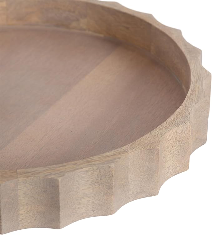 Kate and Laurel Lissi Decorative Round Tray with Wavy Design; 15 Inch Diameter; Natural Wood; Modern Scalloped Circle Serving Tray for Coffee Table Ottoman; Dining Table; or Entryway Tray