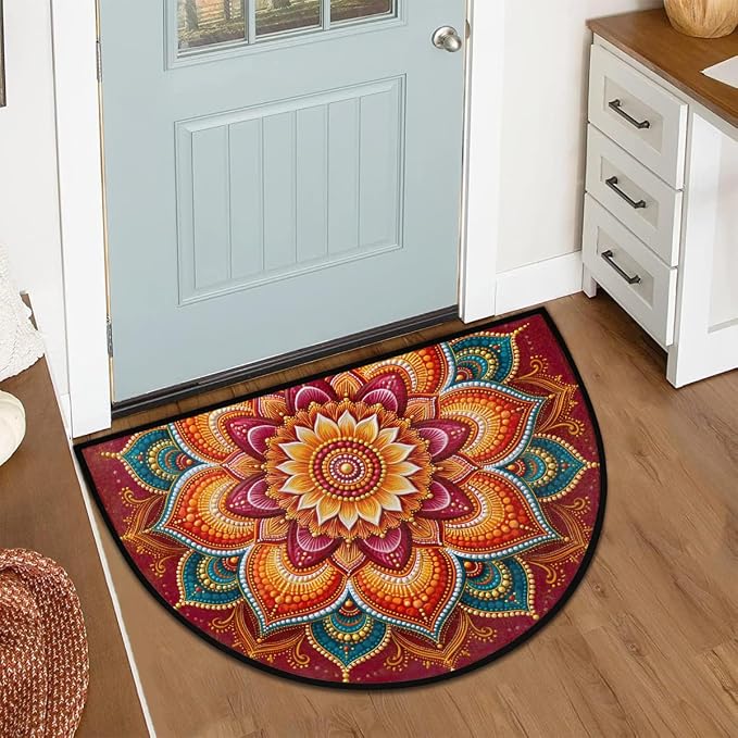 Flower Half Round Door Mat Semi Moon Rug Fireplace Carpet Area Rugs | Colorful Boho Non Slip Absorbent Half Circle Mat Carpet for Indoor Outdoor Patio Kitchen Bathroom Entryway Home Decor
