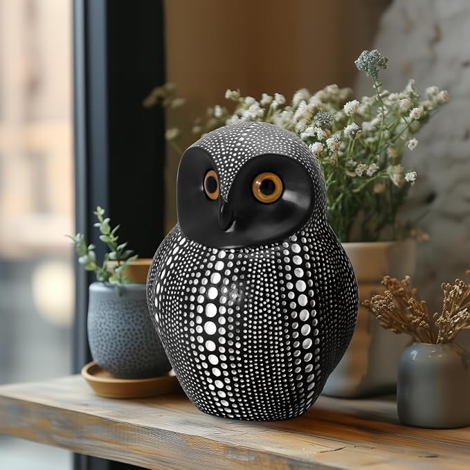 Torre & Tagus 6" Dotted Black Owl Decor - Burrowing Owl Statue with White Dots for Home Decor, Cute Bird Figurine as Tabletop Sculpture on Book Shelf, TV Console, Fireplace or Wedding Gift (Debossed)