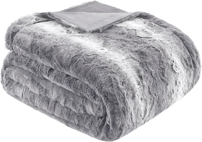 Madison Park Zuri Faux Fur Reversible Throw Blanket, 50 x 60 in, Grey | Oversized Soft Plush, Luxury, Animal Stripes, Mink Reverse, Modern, All Season, for Bed Sofa Couch, OEKO-TEX Certified