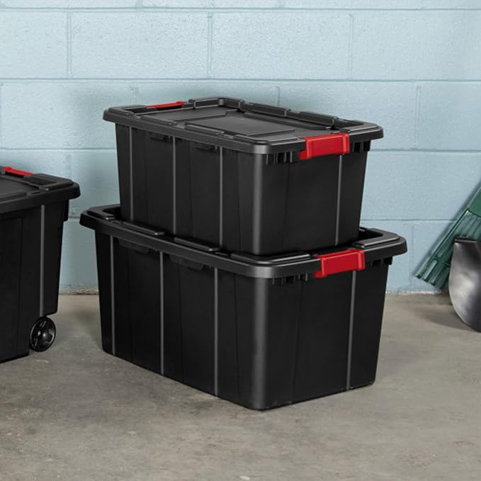 Sterilite Industrial Storage Tote with Lids for Garage, 15 Gallon, 12-Pack | Heavy-Duty and Stackable Utility Box Containers for Home, Office, and Basement Organization, Black