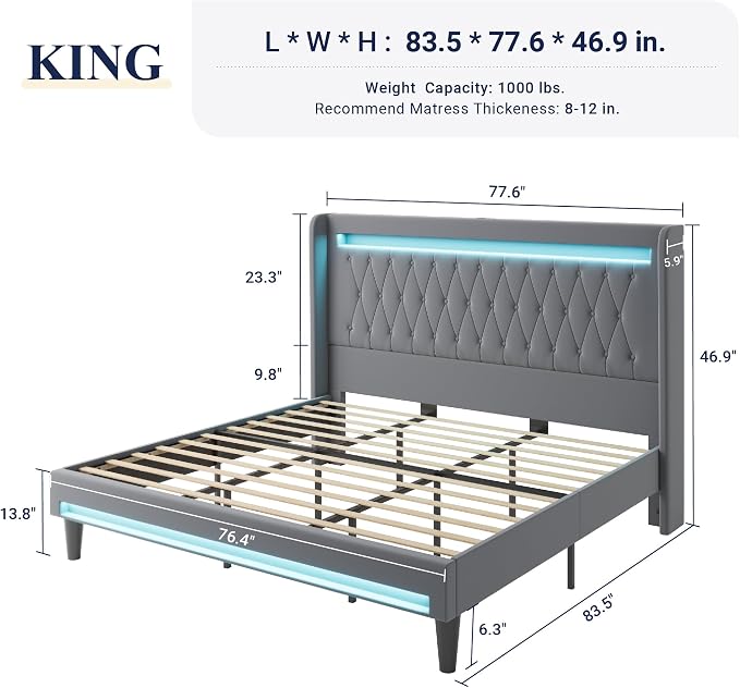 Allewie King Size Upholstered Bed Frame with LED & Charging Station, Gray | Customizable LED lights, charging station, tufted wingback headboard, noise-reducing support, and no box spring needed.