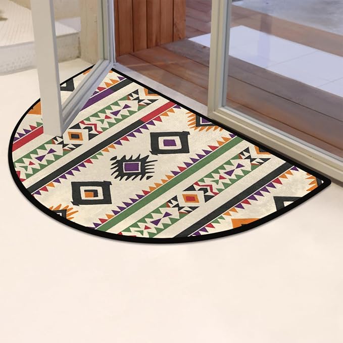 Ethnic Half Round Doormat Non-Slip Semi Circle Rug Half Moon Mat | Bohemia West Washable Soft Absorbent Indoor Outdoor Entrance Kitchen Bathroom Sink Patio Welcome Fireplace Floor Rug