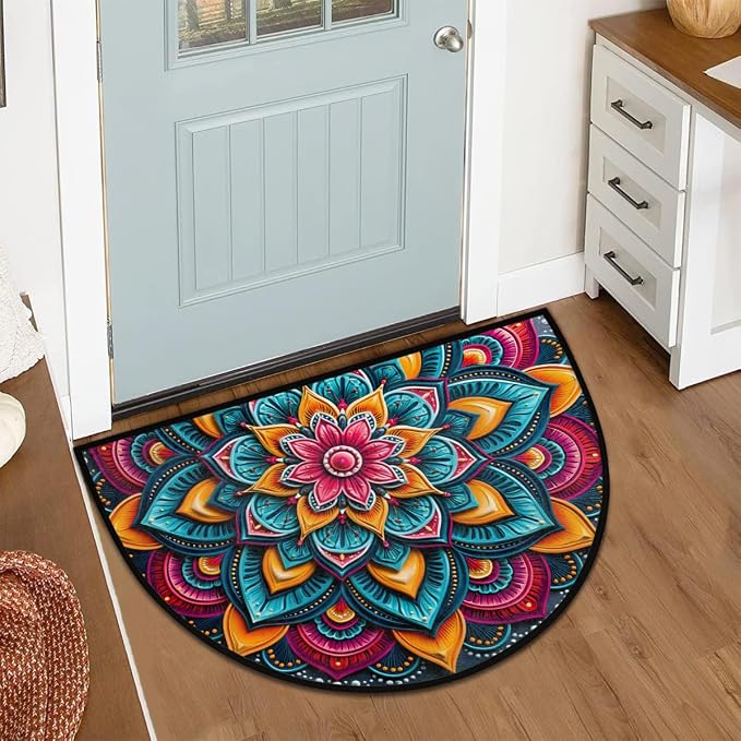 Flower Half Round Door Mat Semi Moon Rug Fireplace Carpet Area Rugs | Colorful Mandala Non Slip Absorbent Half Circle Mat Carpet for Indoor Outdoor Patio Kitchen Bathroom Entryway Home Decor