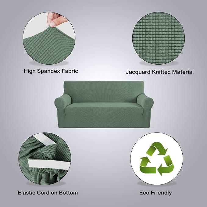 H.VERSAILTEX Stretch Couch Covers for Sofa 1 Piece Slipcovers for Couches 3 Seater Couch Cover Feature Thick Checked Jacquard Fabric with Elastic Bottom(Large Sofa 90"-100" Wide, Loden Frost)