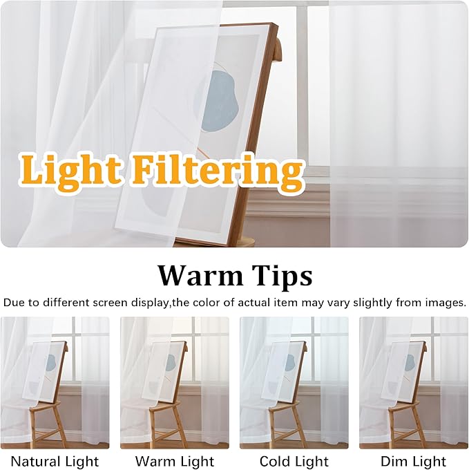 Gwine Extra Long White Sheer Curtains 120 Inches Long 2 Panels Set, Voile Light - Image 5