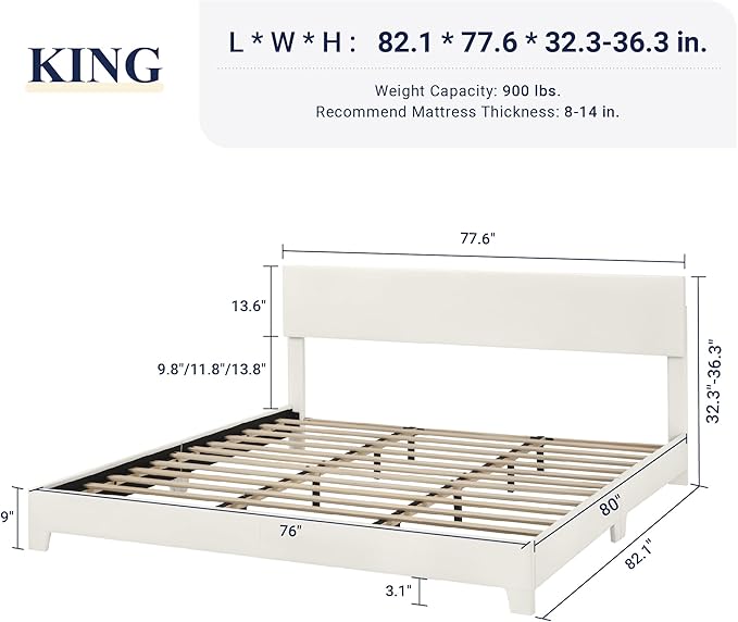 Allewie King Size Upholstered Bed Frame Adjustable Headboard, White | Platform Bed with Heavy Duty Mattress Foundation, Noise-Free, Easy Assembly, Wood Slat Support, No Box Spring Needed