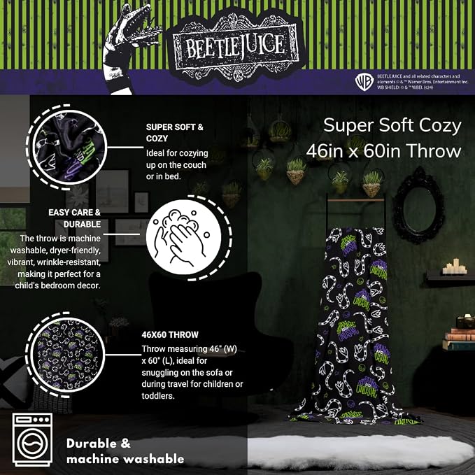 Beetlejuice Halloween Goth Strange & Unusual Bedding Super Soft Cozy Plush Throw, 46 in x 60 in, (Officially Licensed Product) by Franco