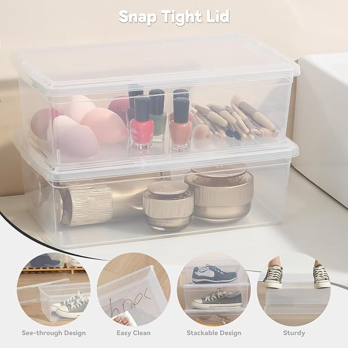 novelinks 12 Pack 6 Quart Clear Plastic Shoe Storage Bins with Lids(Clear) | Shoe Boxes Clear Plastic Stackable, Clear Shoe Storage Boxes, Shoe Containers, Shoe Bins, Craft Organizers and Storage