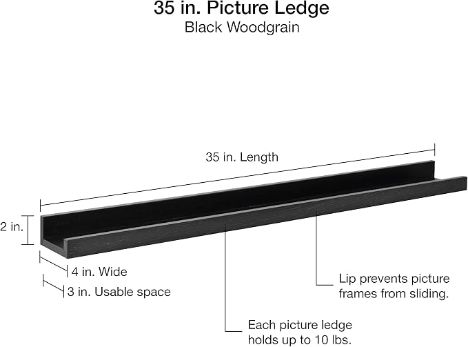 MCS Picture Ledge Shelf, Room Decor Floating Shelf, Black Woodgrain, 35 Inch