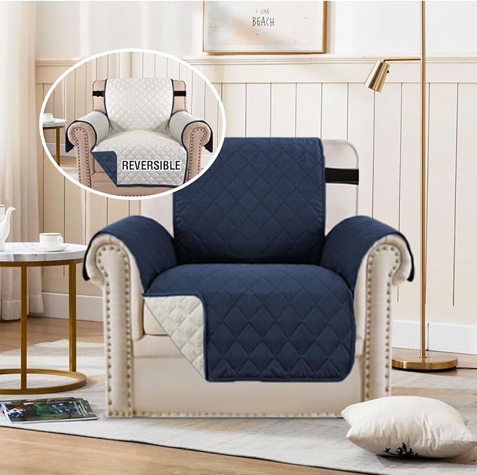 H.VERSAILTEX Reversible Chair Cover for Dogs Pet Water Repellent Sofa Cover Chair Slipcover 2" Thick Strap Slip-Resistant Chair Protector Soft Quilted Seat Width Up to 21"(Armchair, Navy/Beige)