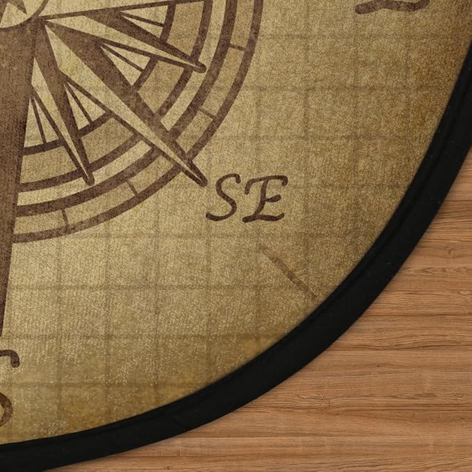 Compass Rose Retro Round Area Rug, Vintage Pattern Non-Slip Circle Rug for Bedroom Living Room Outdoor Study Playing Floor Mat Carpet, 5.2' Diameter