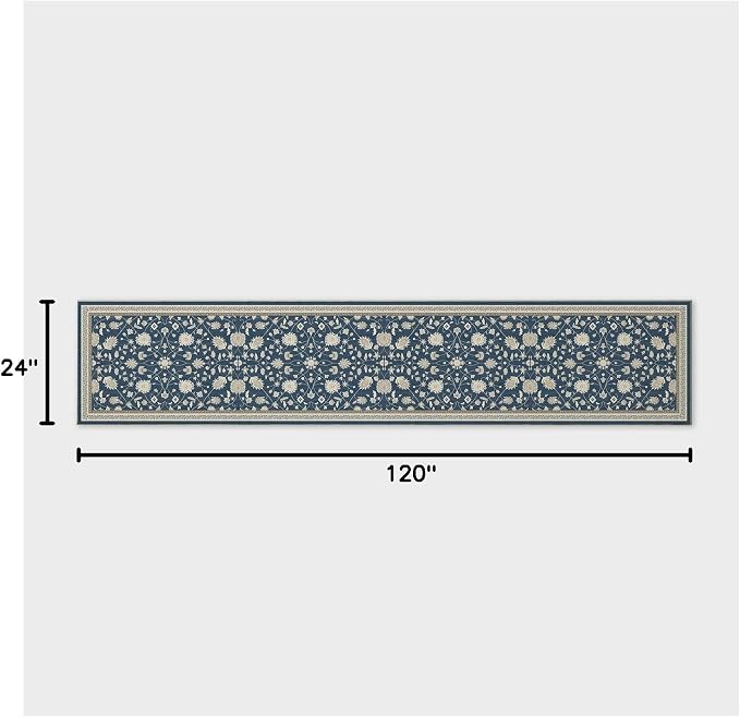 EVERGRACE Hallyway Area Runner Rugs 2x10, Boho Floral Faux Wool Indoor Outdoor Rugs, Washable Rugs for Bedroom Dining Room Living Room Kitchen, Low Pile Floor Mat Carpet for Home Decor, Navy Blue