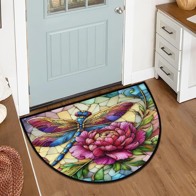 Dragonfly Half Round Door Mat Non Slip Half Circle Rugs | Art Rainbow Washable Half Moon Rug Semi Circle Rugs Indoor Entrance Floor Carpet for Kithen Bedroom Fireplace Decor