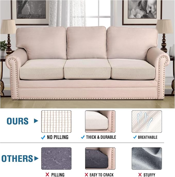 H.VERSAILTEX Super Stretch Individual Seat Cushion Covers - Sofa & Couch Cushion Slipcover Sets - Thick Jacquard Textured Twill Fabric (3 Piece XL, Ivory)