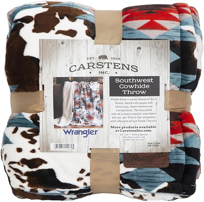 Carstens, Inc. Wrangler Ultra Premium Super Soft Plush Sherpa Fleece Oversized Throw Blanket 54" x 68", Southwestern Cowhide