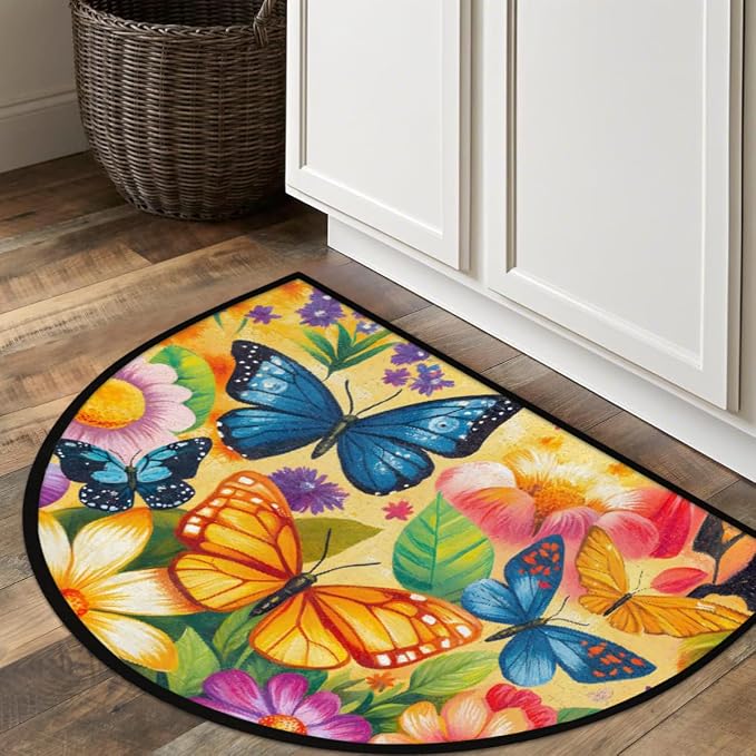 Butterfly Half Round Doormat Non-Slip Semi Circle Rug Half Moon Mat | Color Flowers Washable Soft Absorbent Indoor Outdoor Entrance Kitchen Bathroom Sink Patio Welcome Fireplace Floor Rug