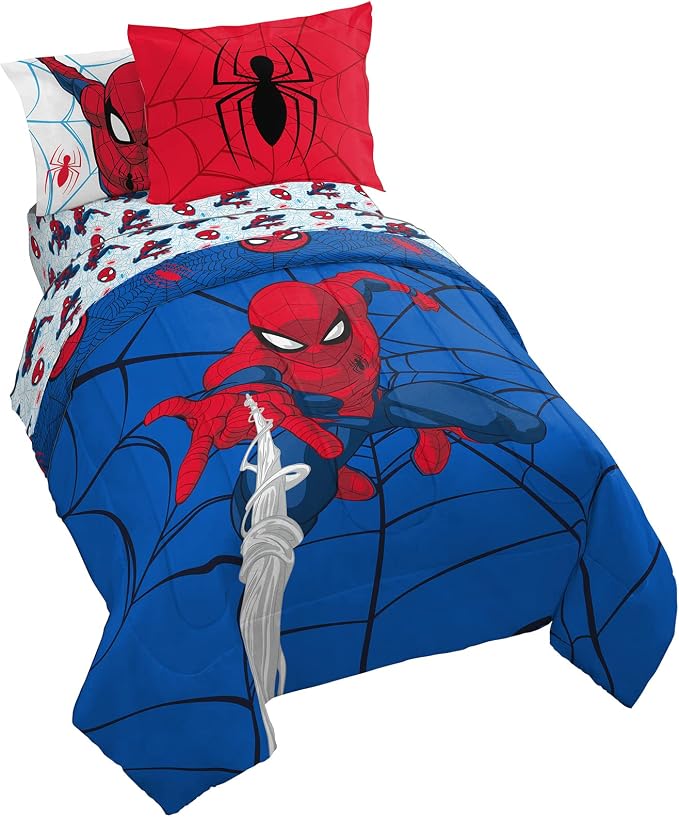 Marvel Spiderman Twin Comforter Set 5 Piece Kids Bedding for Boys, Blue | Bed in a Bag, Comforter Sheets Sham Pillowcase, Official Brand, Soft Microfiber, Machine Washable, Easy Care, Boys Gift