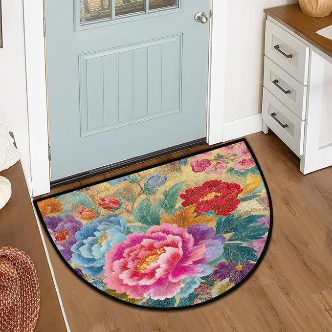 Flower Half Round Door Mat Semi Circle Rug Half Moon Doormat | Soft Washable Colorful Ornate Welcome Entrance Mat for Outdoor Indoor Floor Bedroom Bathroom Home Kitchen Festival Decor