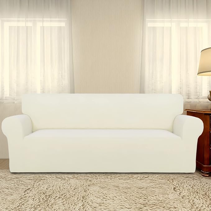 PureFit Stretch Couch Covers for Sofa Large Sofa Slipcovers Ivory | 1-Piece Sofa Cover Washable Soft Couch Protector, Couch Slipcover with Non Skid Foam and Elastic Bottom for Kids, Dogs