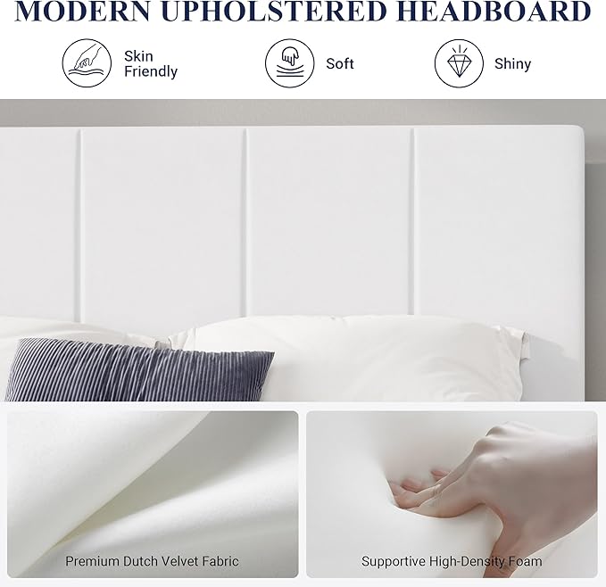 Allewie King Size Dutch Velvet Upholstered Platform Bed Frame/Vertical Channel Tufted Adjustable Headboard/Low Profile Bed Frame/No Box Spring Needed/Easy Assembly/White