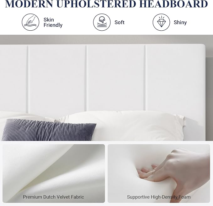 Allewie Full Size Dutch Velvet Upholstered Platform Bed Frame/Vertical Channel Tufted Adjustable Headboard/Low Profile Bed Frame/No Box Spring Needed/Easy Assembly/White