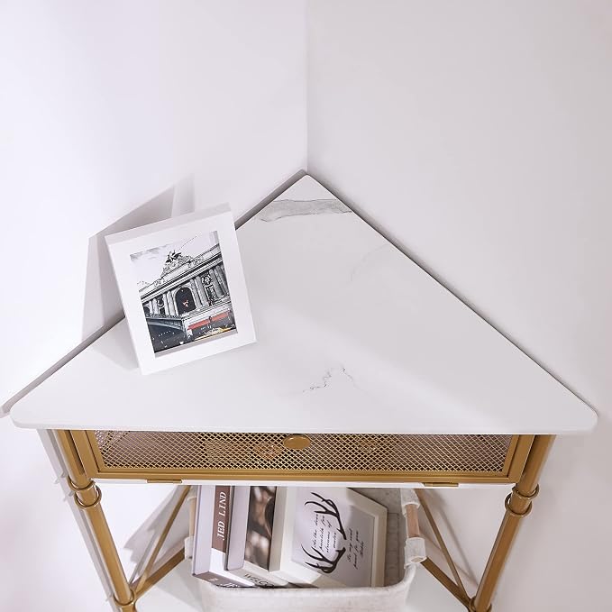 VECELO Corner Table for Small Spaces, Multipurpose Storage Cabinet Shelf Organizer with Flip Door in Living Room/Bedroom/Kitchen/Bathroom, Gold