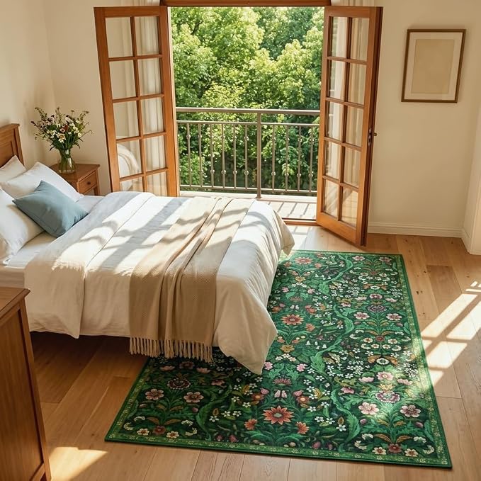 Dark Green Boho Rug 5x7, Living Room Vintage Non-Slip Rugs, Washable Floral Rug, Non-Slip Botanical Carpet for Bedroom Stain Resistant for Dining Room, Office, Home Decor