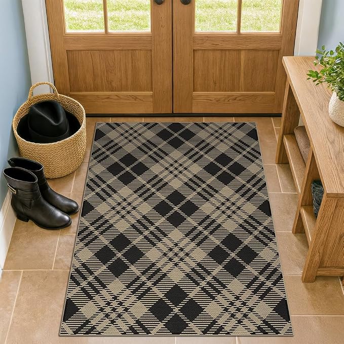 3x4 Entryway Door Mat Indoor – Washable Non Slip Small Rug for Front Door, Kitchen Sink, Mudroom, Garage Entry, Low Profile Easy Clean Farmhouse Plaid Floor Mat