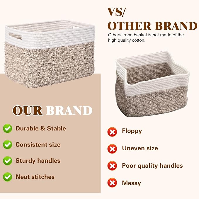 Storage Baskets for Organizing, 4 Pack Baskets for Shelves, Decorative Storage Bins for Shelves, Cotton Rope Storage Basket with Handles, Woven Basket for Storage, 13''Lx8.7''Wx7.9''H, White & Brown