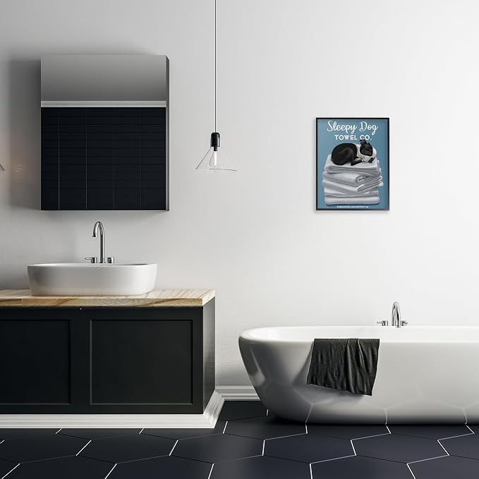 Stupell Industries Sleepy Dog Towel Co. Adorable Boston Terrier Bathroom, Design by Brian Rubenacker Black Framed Wall Art, 16 x 20, Blue