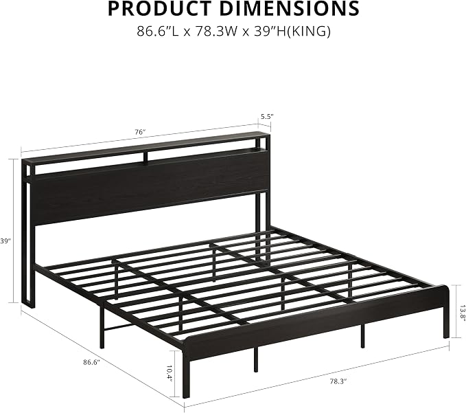 LIKIMIO King Size Bed Frame with 2-Tier Storage Shelf Headboard | Dark Wood Platform Bed, Camas King with Strong Metal Supports, Sturdy, Noise-Free, No Box Spring Needed, Classic Black