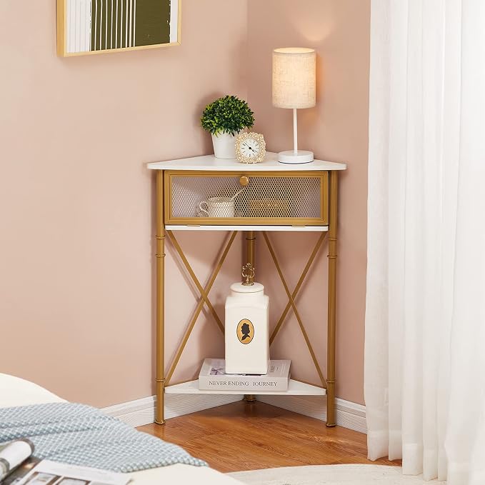 VECELO Corner Table for Small Spaces, Multipurpose Storage Cabinet Shelf Organizer with Flip Door in Living Room/Bedroom/Kitchen/Bathroom, Gold