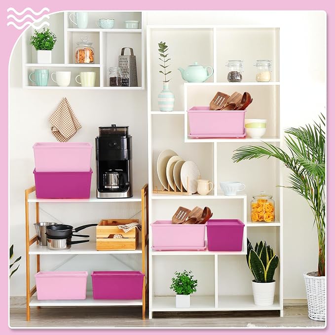 Menkxi 6 Pcs Storage Bins with Lids Small Plastic Storage Containers Stackable Storing Baskets Box Cute Organizer Bins for Organizing Shelves (Pink Series)