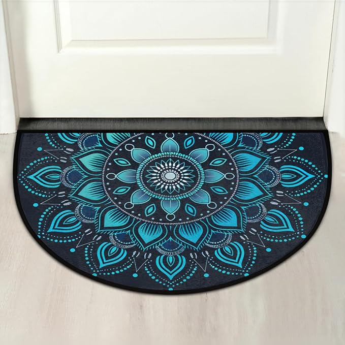 Pardick Half Round Doormat Semi Circle Rug Blue Mandala Elegant Non Slip Indoor Outdoor Entrance Half Moon Rug Absorbent Durable Washable Front Floor Mat for Kitchen Bathroom Patio Fireplace