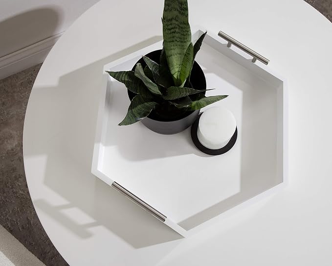 Kate and Laurel Lipton Modern Hexagon Tray, 18 x 18, White and Silver, Decorative Tray for Storage and Display