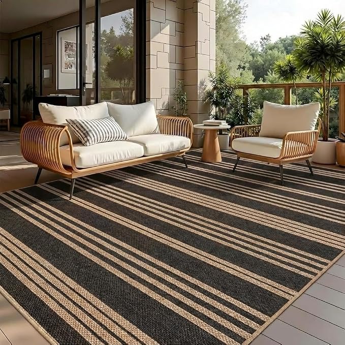 COZYLOOM Washable Living Room Rugs 9x12 Striped Easy Jute Rug with Non Slip Backing, Modern Stain Resistant Farmhouse Rugs for Patio Non Shedding Mats for Dining Room, Bedroom, RV, Black/Coffee