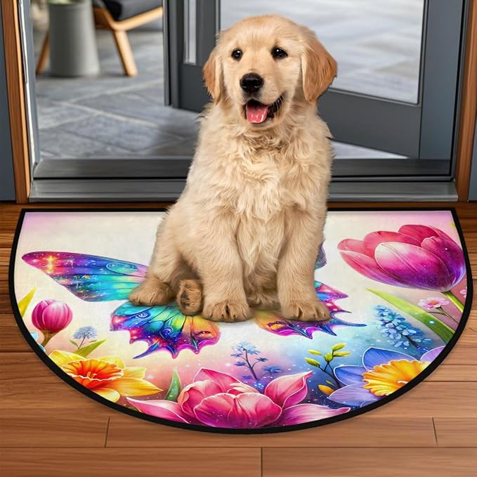 Butterfly Half Round Door Mat Non-Slip Semi Circle Rug Half Moon Doormat | Rainbow Butterfly Soft Washable Welcome Entrance Mat for Outdoor Indoor Floor Bedroom Bathroom Home Kitchen Festival Decor