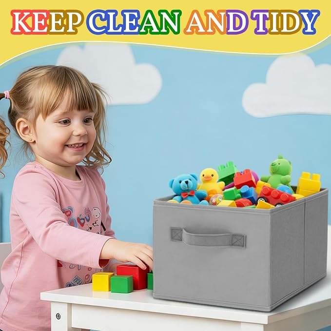 Yinder 4 Pcs Cube Storage Bin Gray 14''x10''x8'' Storage Bins for Playroom Decor Colorful Bins for Kids Foldable Baskets for Nursery Organizer Boxes Fabric Boxes