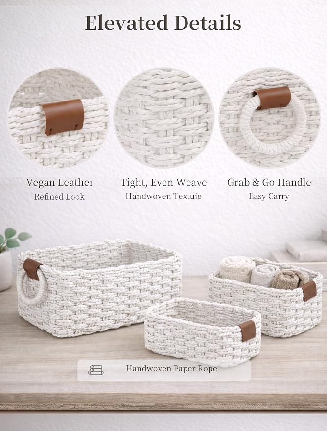 Small Wicker Baskets, 3 PCS Paper Rope Baskets for Shelves, White | Recycled Small Baskets, 3 Sizes Woven Baskets for Organizing, Decorative Storage Baskets for Bedroom and Bathroom