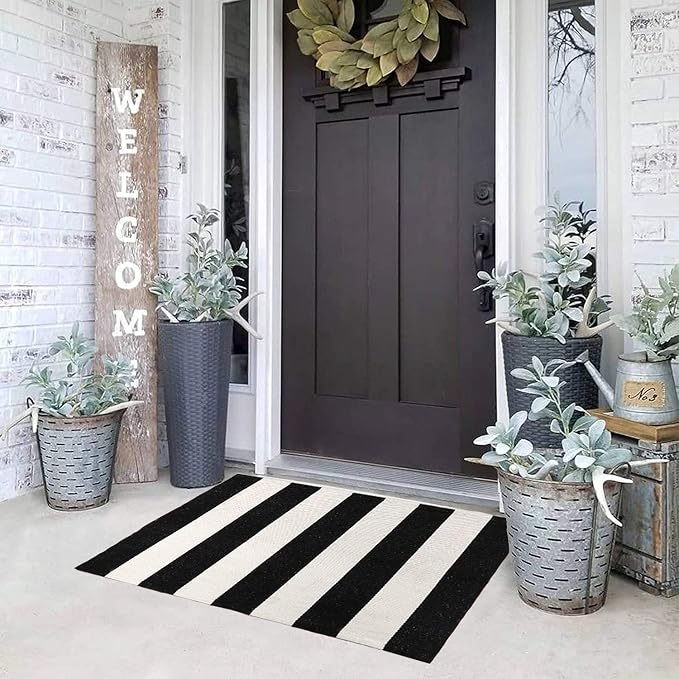 KaHouen Black and White Striped Rug (23.6 x 35.4 Inches), Indoor Outdoor Striped Doormats, Handmade Woven Farmhouse Layered Door Mats Striped Mat for Front Door/Kitchen/Laundry/Bathroom/Living Room