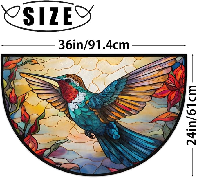 Hummingbird Stained Glass Window Half Round Door Mat, Non-Slip Entrance Welcome Mat for Indoor Semi Circle Bathroom Floor Rugs Outdoor Mats House Heavy Duty Doormat for Kitchen Living Room 36x24 Inch