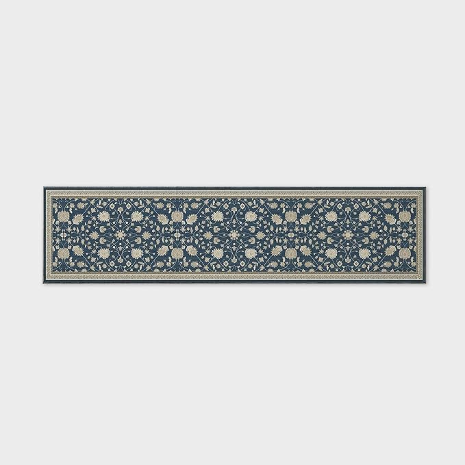 EVERGRACE Hallyway Area Runner Rugs 2x8, Boho Floral Faux Wool Indoor Outdoor Rugs, Washable Rugs for Bedroom Dining Room Living Room Kitchen, Low Pile Floor Mat Carpet for Home Decor, Navy Blue